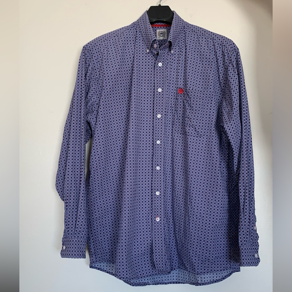Cinch Long Sleeve Blue & Red Octagons Dots Print Men’s 100% Cotton Shirt XL